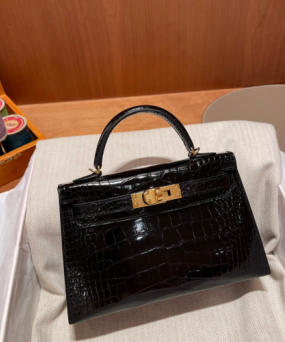 에르메스 미니 켈리백 블랙 금장 샤이니 악어가죽